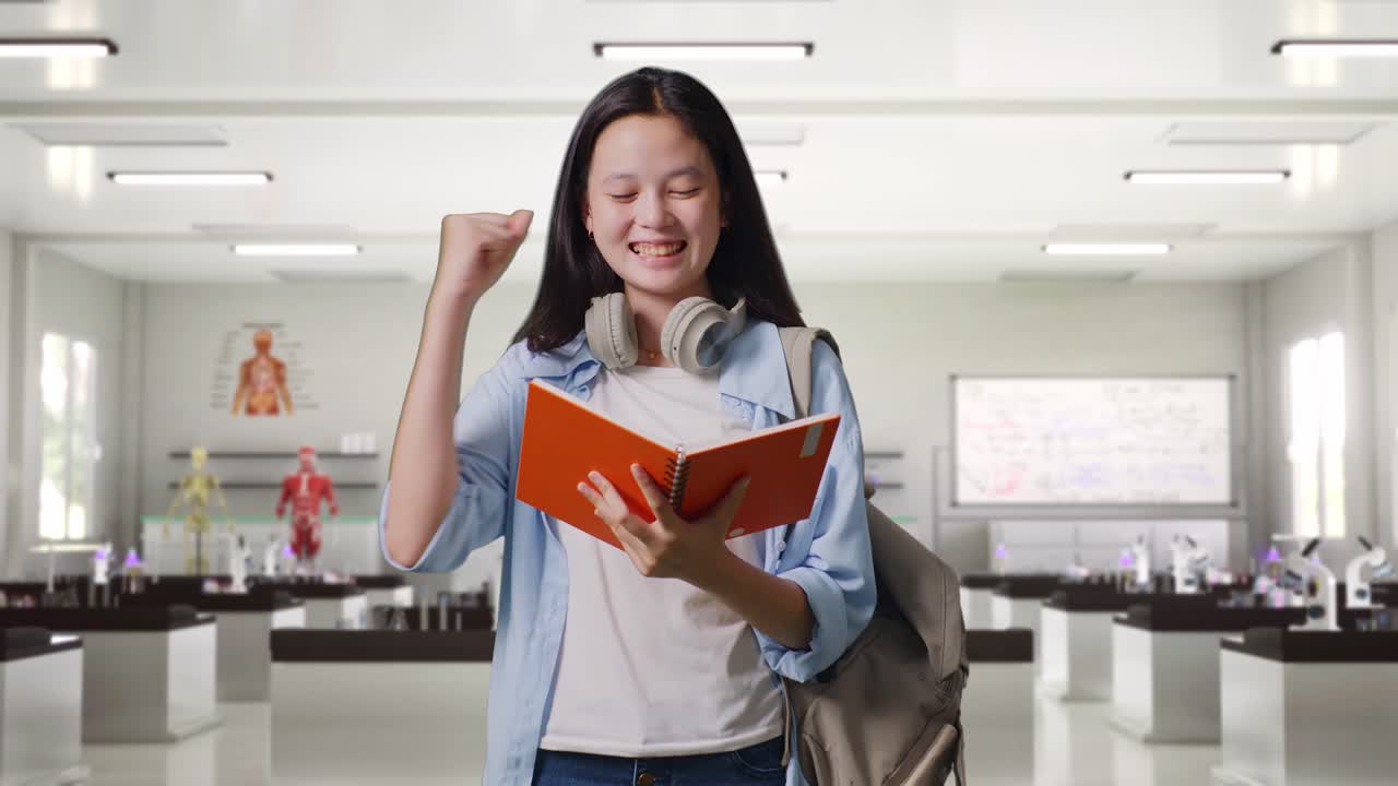 estudiante adolescente asiática con una mochila leyendo un libro y gritando celebración de la meta de éxito de aprendizaje en el laboratorio de ciencias