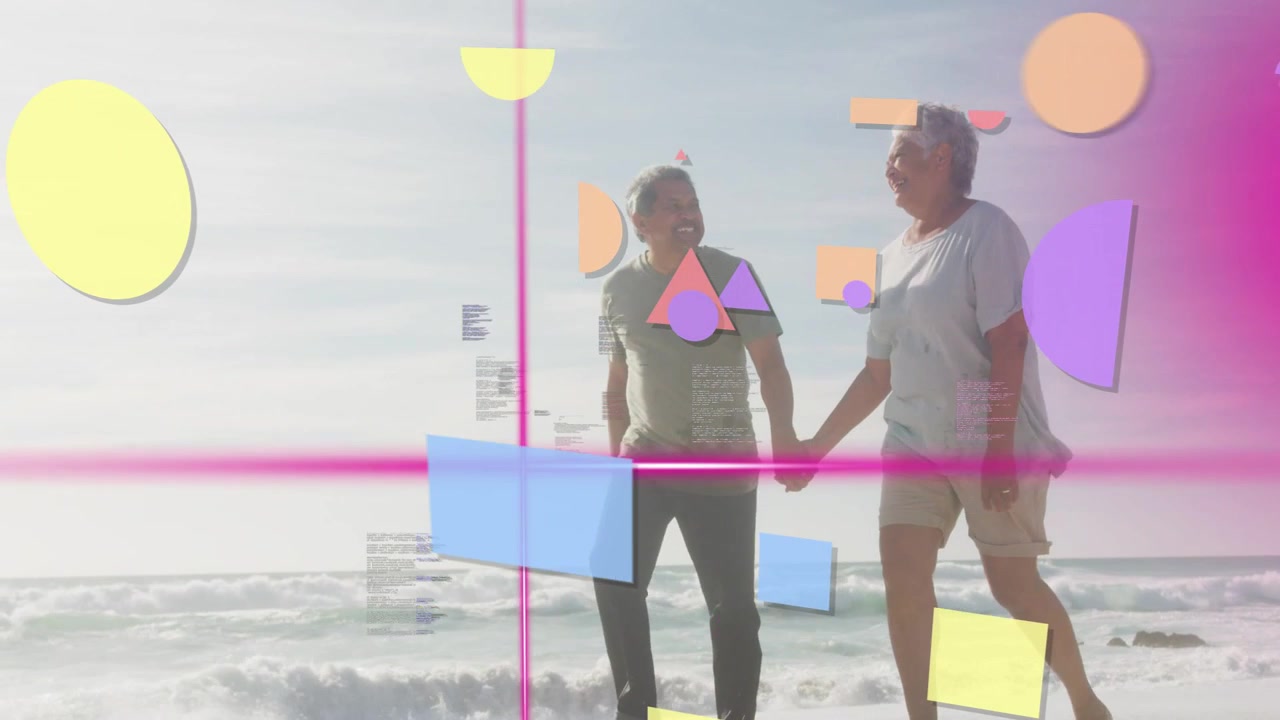 Seniors entering from left, walking shore, mag bar and shapes overlaying bodies showing marketing