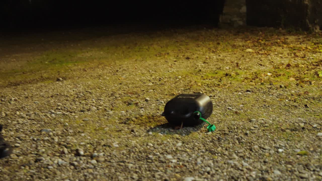 An empty fuel can lies on the ground, symbolizing running out of gas, car trouble, or an emergency situation