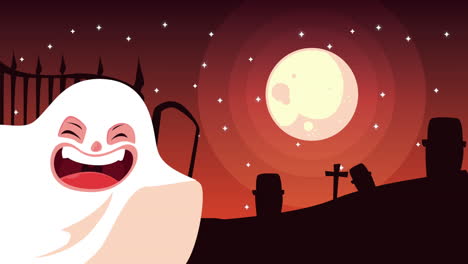niño lindo disfrazado de fantasma en el cementerio