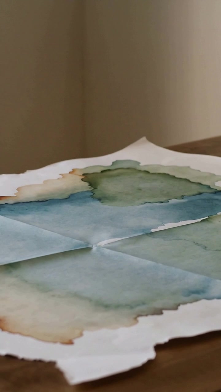 Vertical video: Lifting hand smoothing curled deckled paper on wood table, showing teal washes