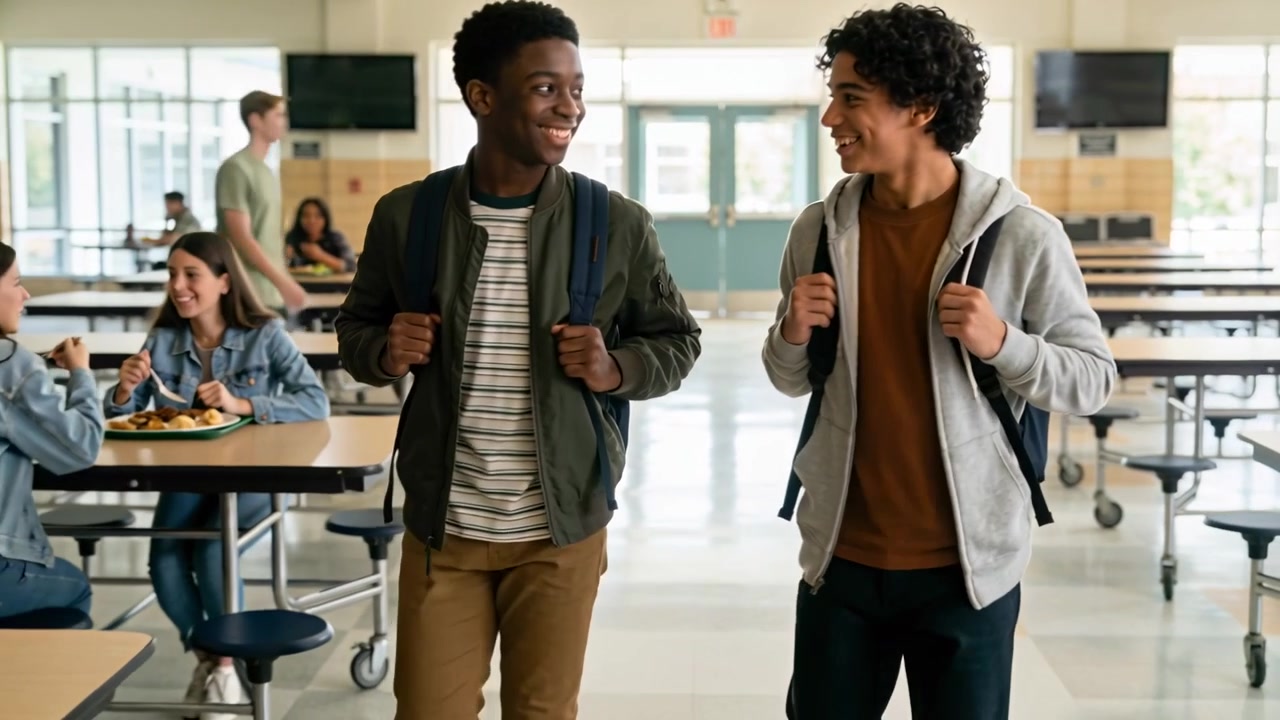 Entering doors, two teens walking through cafeteria in jacket and hoodie with backpacks, chatting