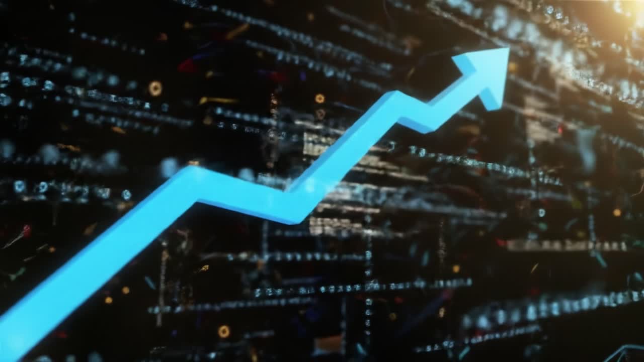 This visual showcases a rising trend line on a digital background, representing market growth and data analysis. It emphasizes the correlation between technology and economic performance.