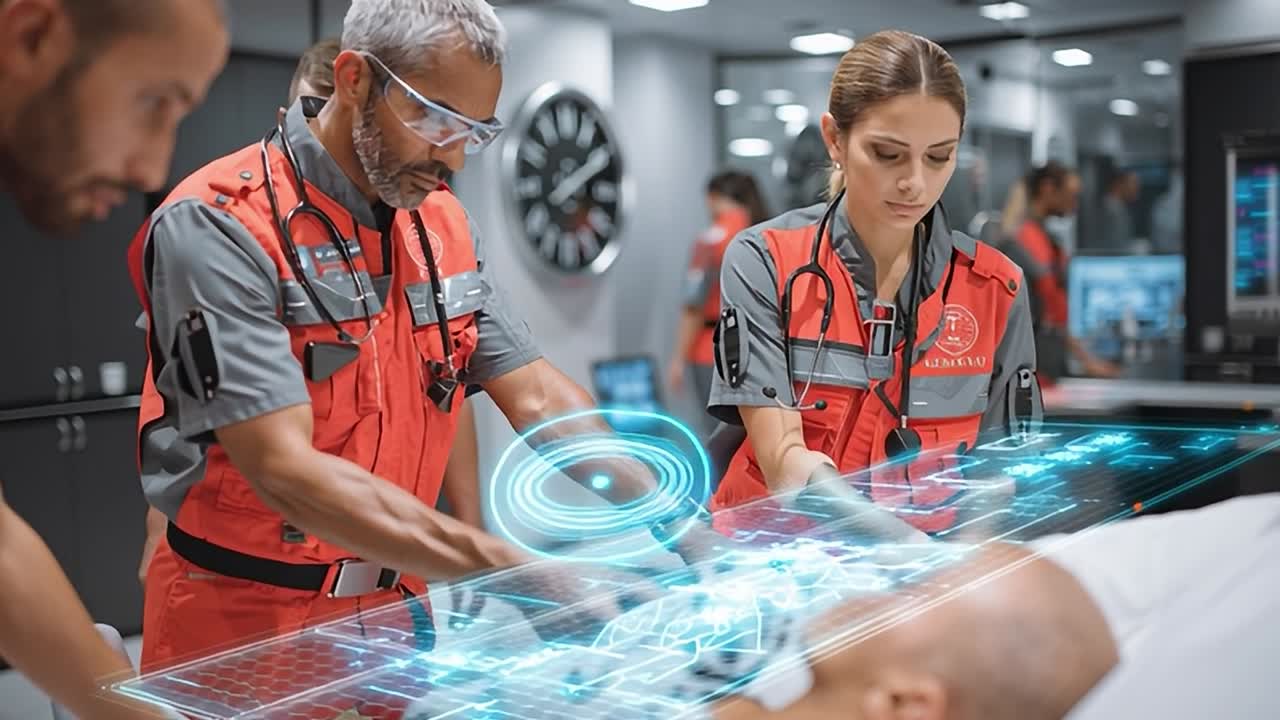 Team medico che collabora al trattamento del paziente in una struttura avanzata.