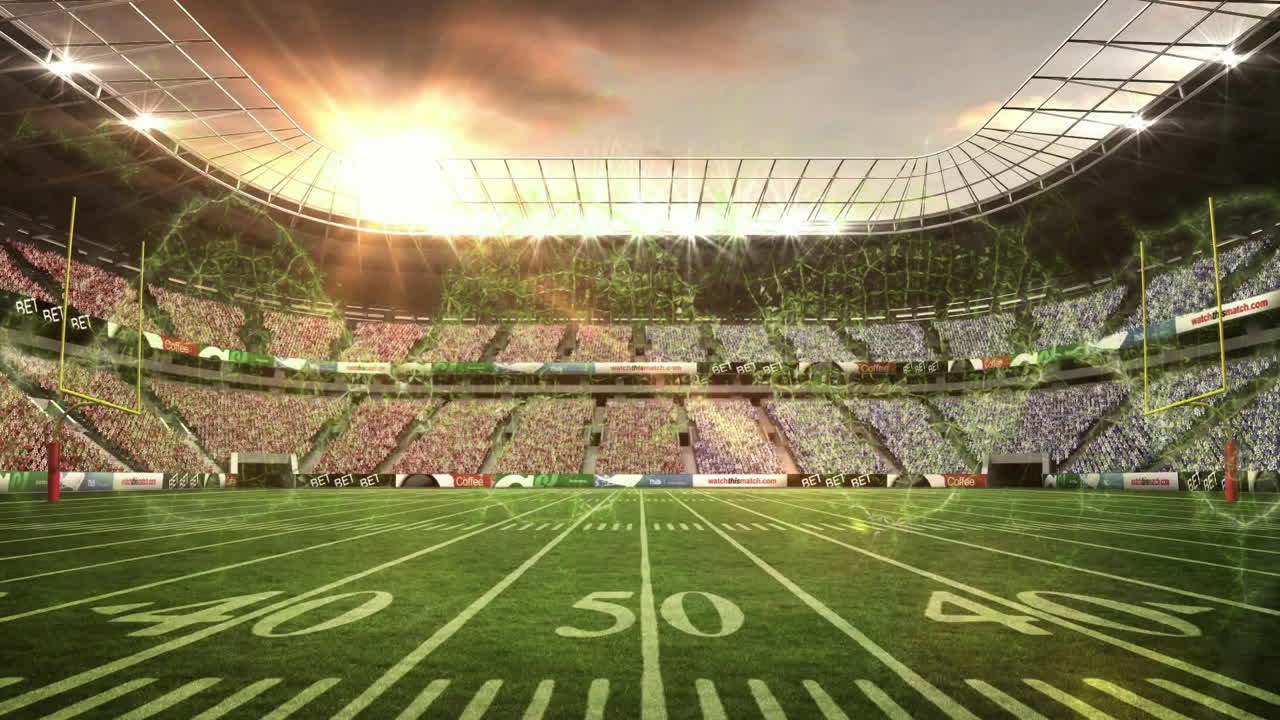 Sun setting over stadium with vibrant animation on lush green football field