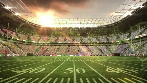 sun setting over stadium with vibrant animation on lush green football field