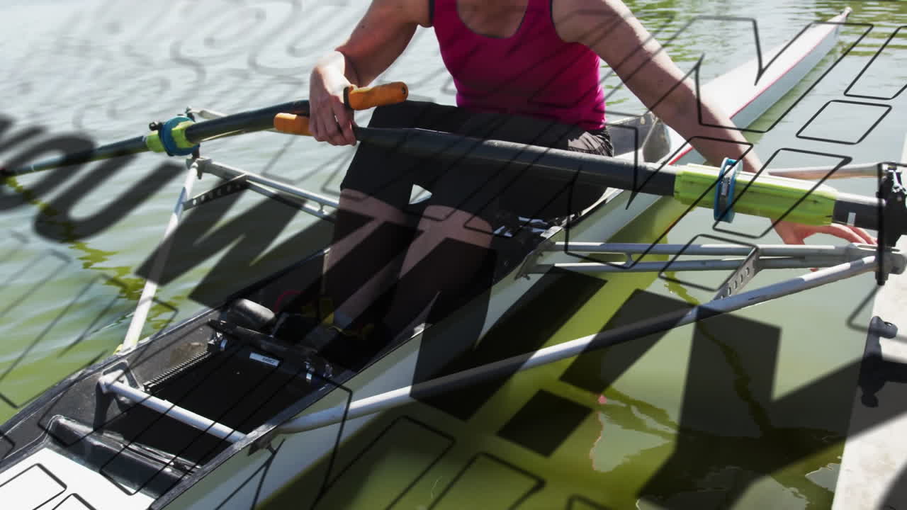 woman rowing single scull on calm water, featuring animated fitness chart and icon overlays