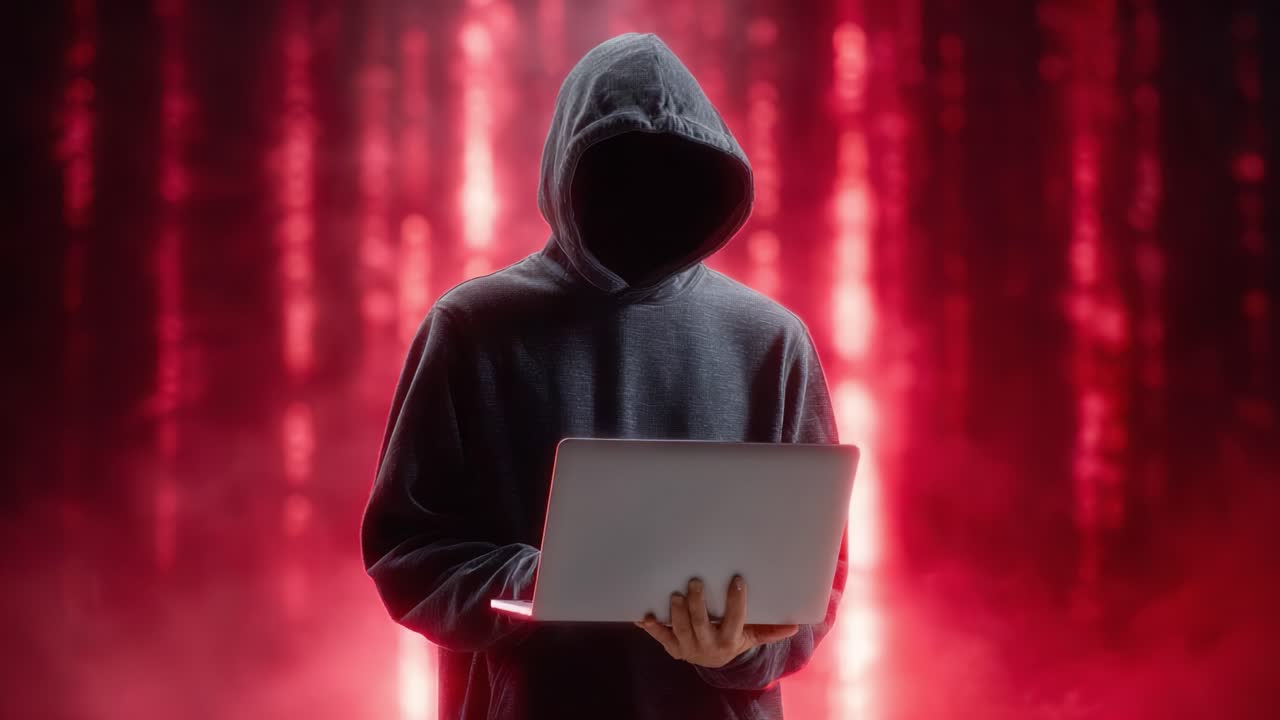 A mysterious figure clad in a dark hoodie holds a laptop against a dramatic red and black digital background, suggesting themes of secrecy, hacking, and the unknown in the cyber world