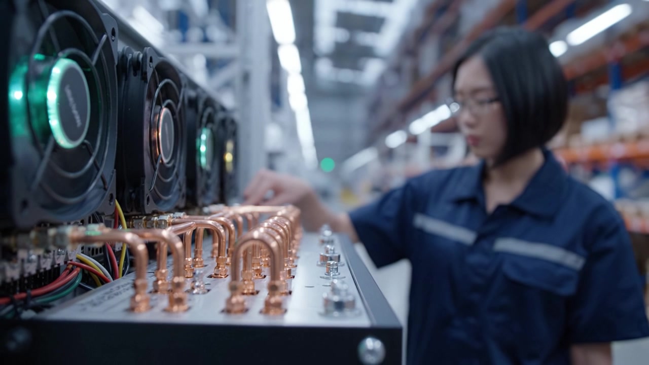 En fokuserad tekniker inspekterar komplexa mekaniska komponenter i en modern tillverkningsanläggning, vilket visar ingenjörsinnovation och precision i produktionen.