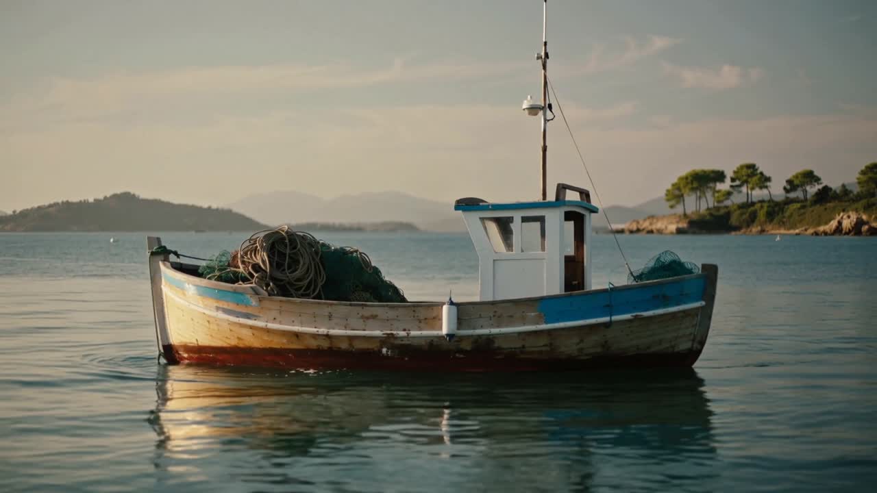 Piccola barca da pesca in legno che dondola e si inclina in una baia riparata, con la brezza che fa muovere reti e corde.