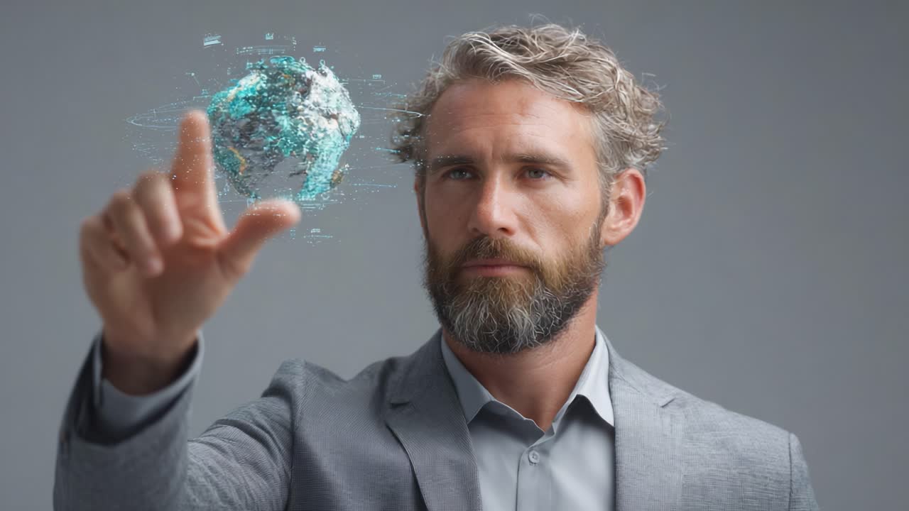 A visionary man interacts with a holographic globe, symbolizing innovation, technology, and the interconnectedness of our world in a futuristic setting