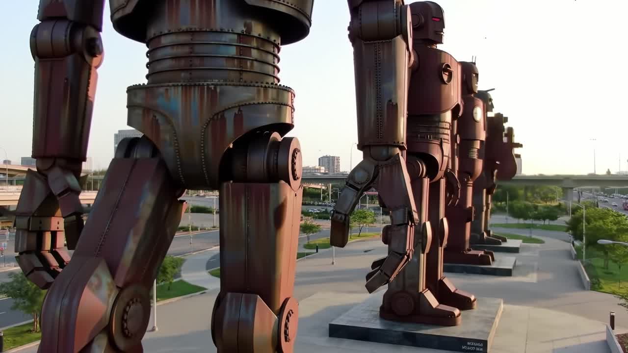 A Striking Display of Giant Metallic Sculptures in an Urban Landscape: Exploring the Folk Art Aesthetic of Towering Robots against a Sunset Sky