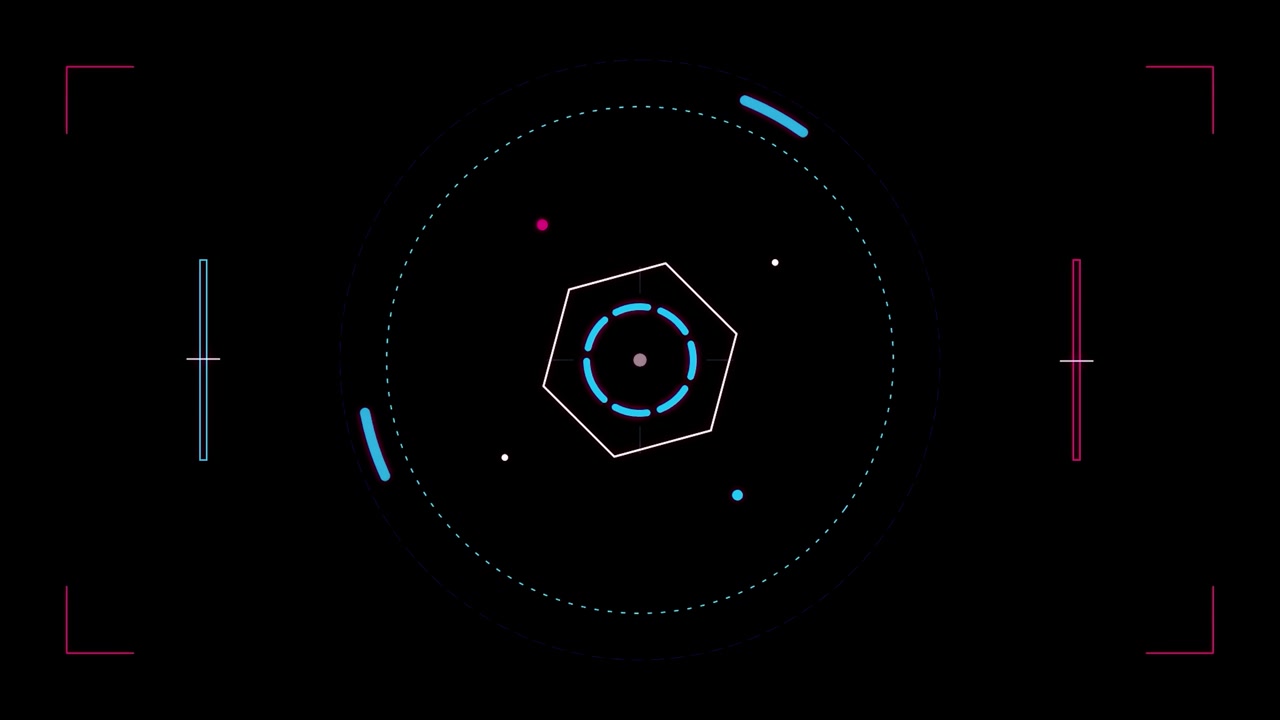 Futuristic Digital HUD Interface with Rotating Hexagon and Data Elements