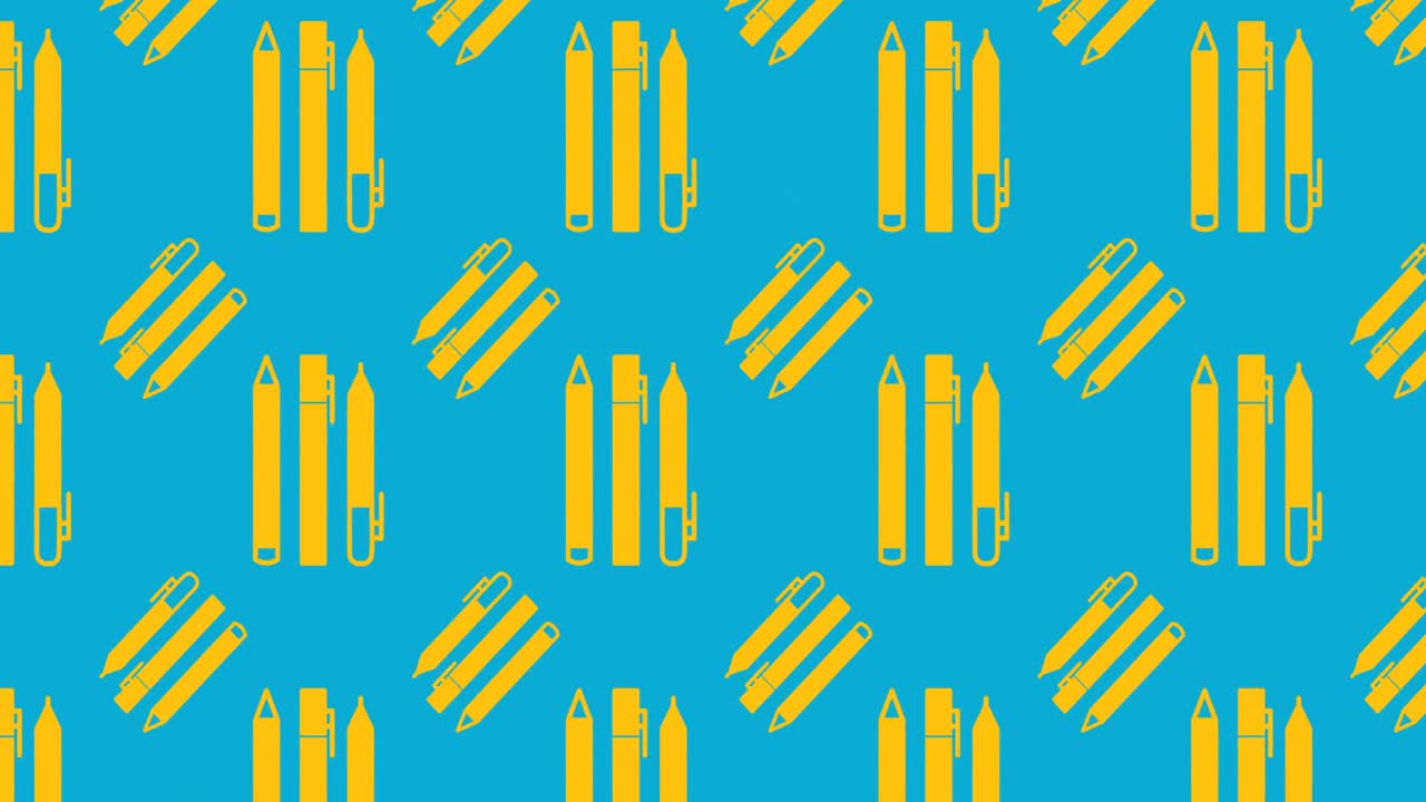 Animation of yellow pens and pencils pattern over blue background