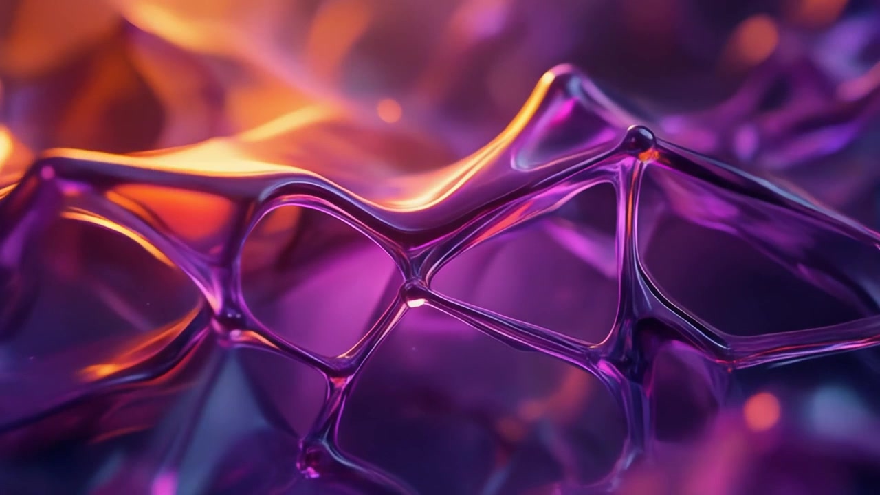 Абстрактная 3D-анимация светящейся фиолетовой и оранжевой жидкой сетки