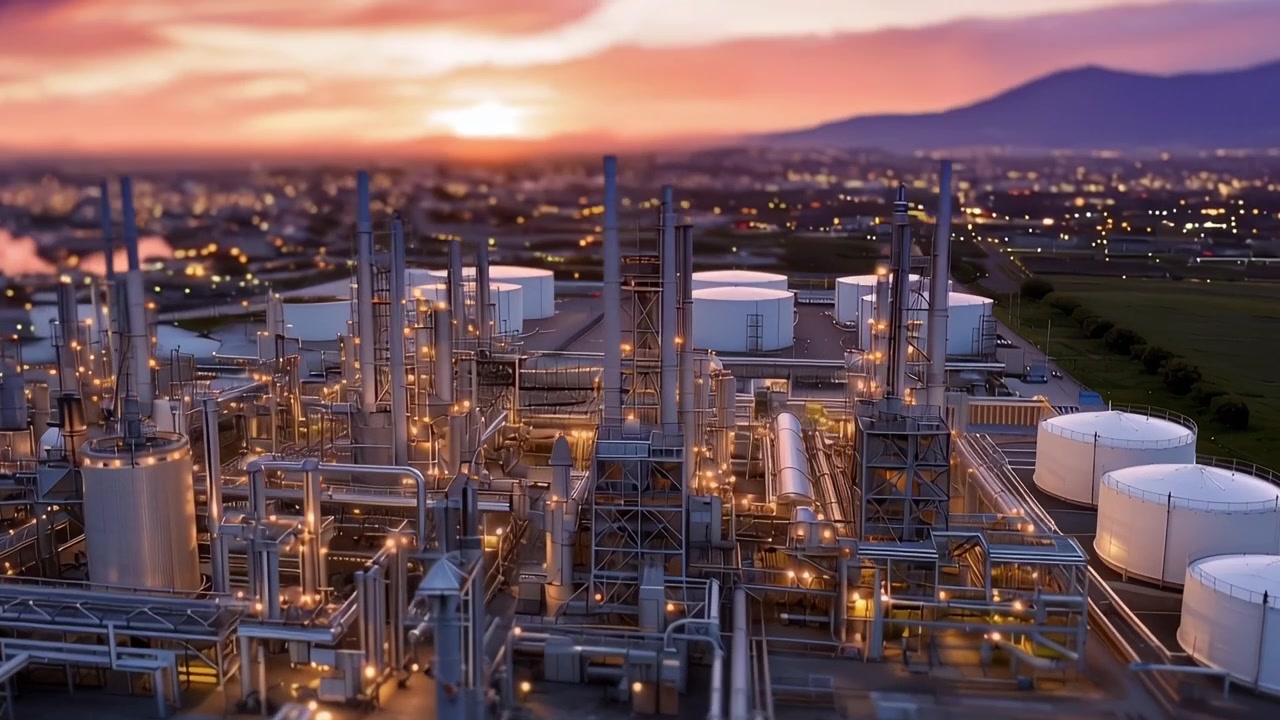 Vista aérea de un complejo industrial al atardecer, mostrando las intrincadas estructuras y el reflejo de los colores del cielo en los tanques de almacenamiento de petróleo y la maquinaria.