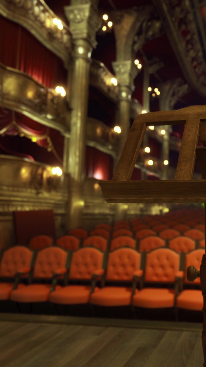 Sedili rossi vuoti in un teatro storico durante una serata di spettacolo.