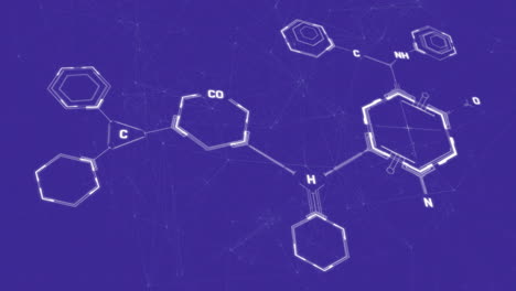 animación de la fórmula química sobre una red de conexiones en fondo azul