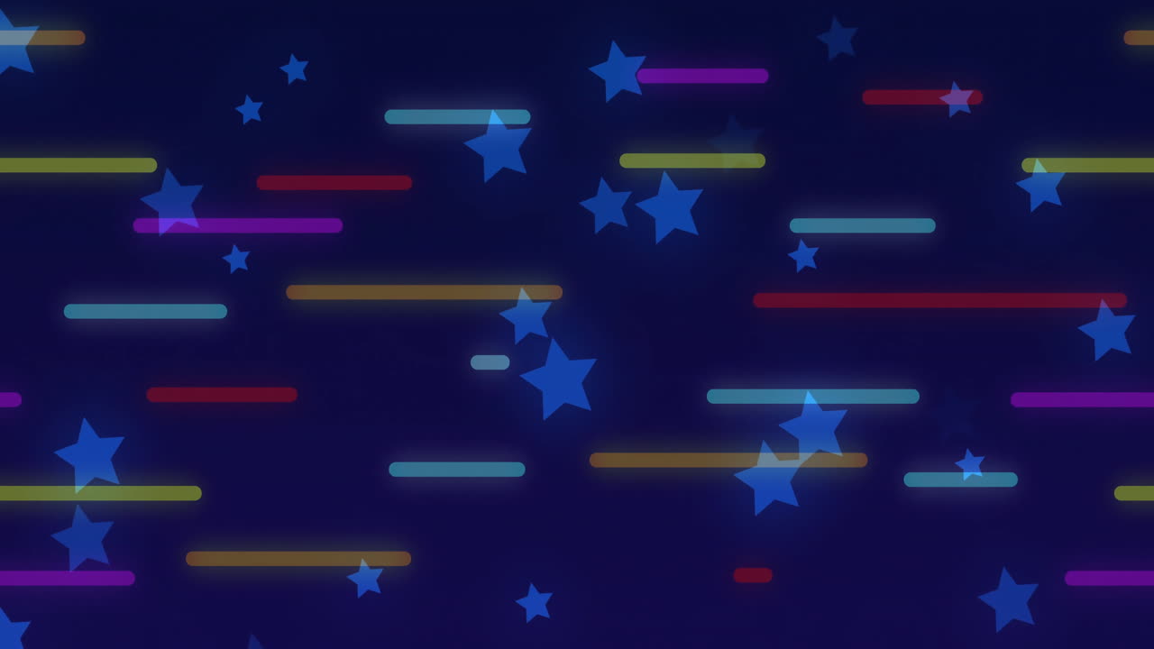 Colorful horizontal lines and blue stars animation on dark background