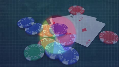 animation of financial data processing and arrows over chips and playing cards