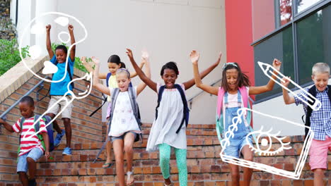 multiple school concept icons against group of students climbing down the stairs at school