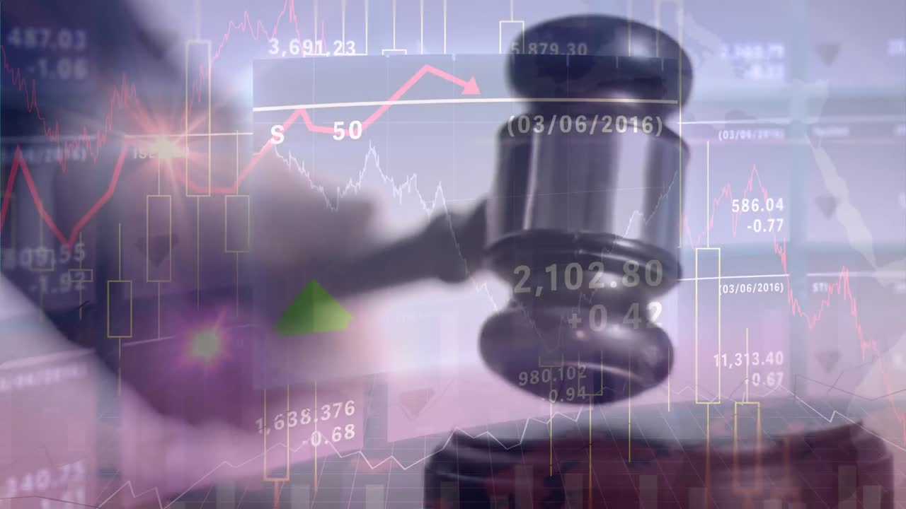 Animation of statistics and financial data processing over auctioneer's hammer