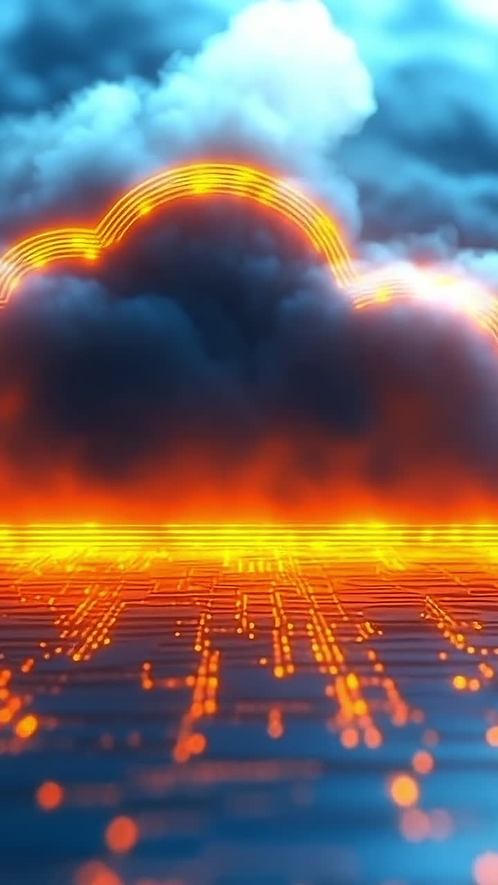 Cloud glows over circuit board. A glowing cloud with orange light hovers above a blue circuit board, reflecting a digital atmosphere.