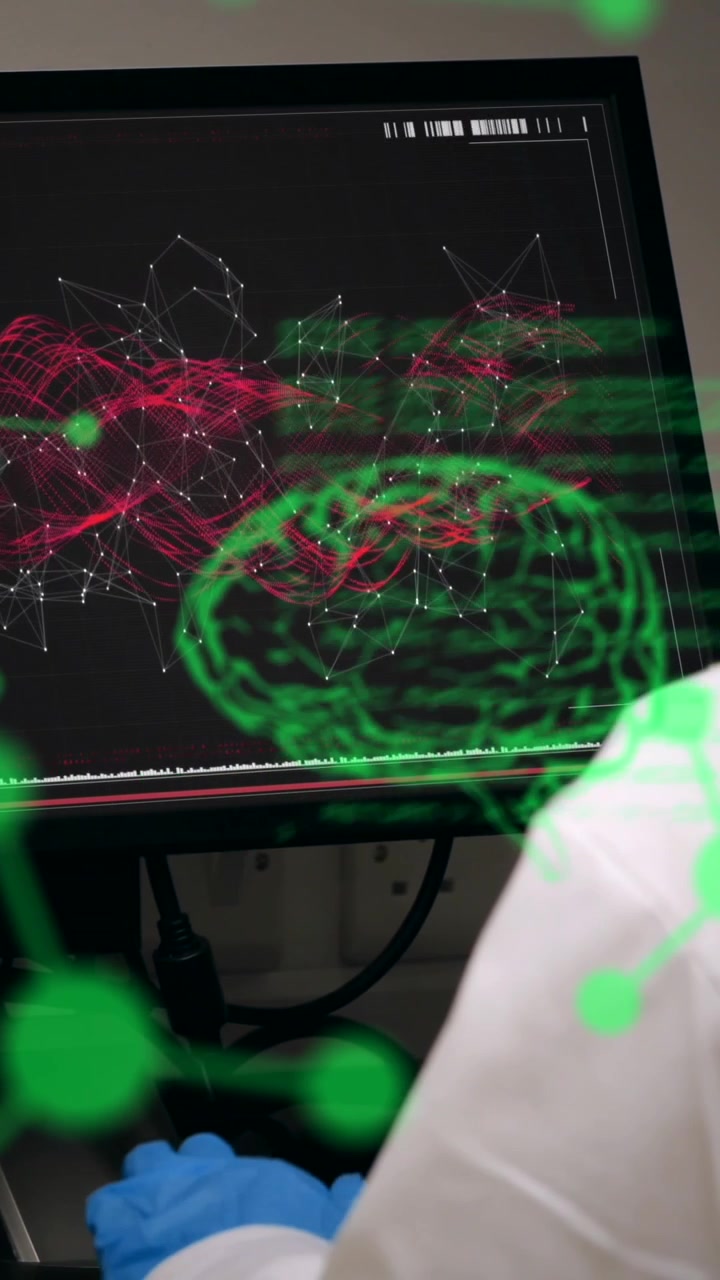 Animazione di linguaggio di programmazione, cervello, struttura molecolare e scienziato caucasico che usa il computer.
