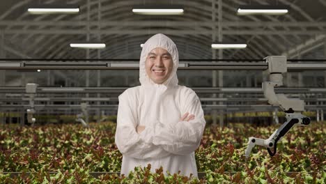 smiling worker in a modern hydroponic farm