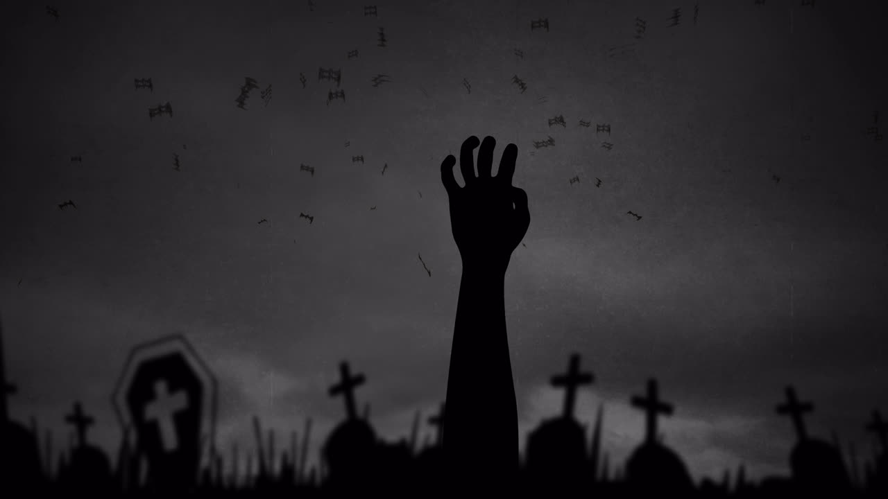 animación de la mano de halloween, murciélagos y cementerio sobre fondo gris