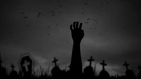 Animación-De-Mano-De-Halloween,-Murciélagos-Y-Cementerio-Sobre-Fondo-Gris