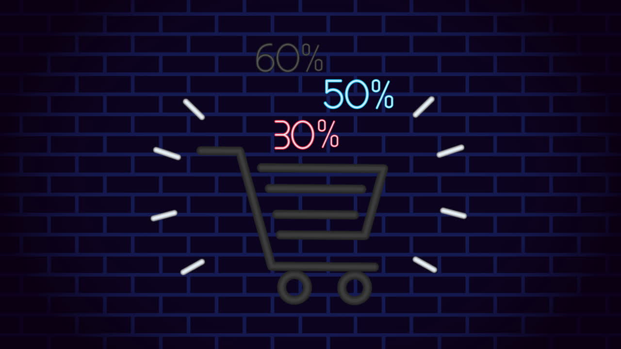 etiqueta de luz de neón comercial con carrito de compras