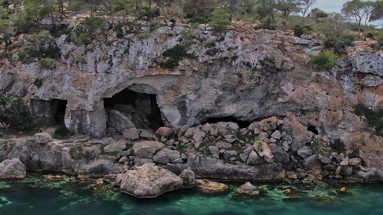 Views of rocky coastline in Mallorca, Spain captured from above