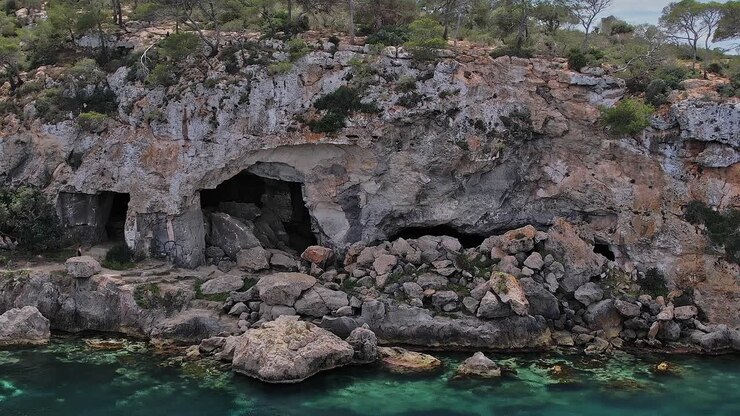 Views of rocky coastline in Mallorca, Spain captured from above