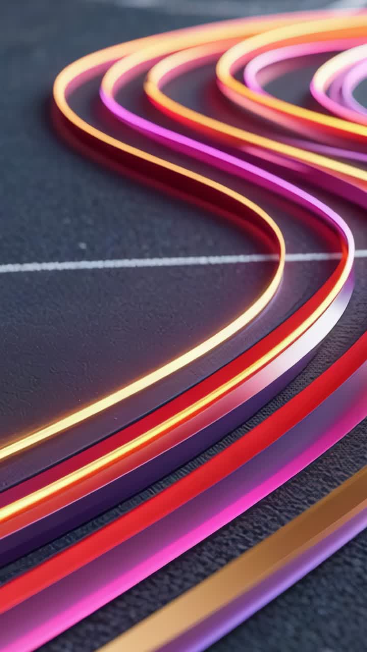 Vertical video: Entering top right, neon ribbons gliding on surface, pulsing color over white line