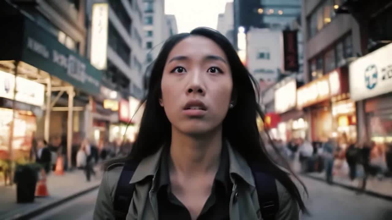A young woman walks through a lively city, captivated by her surroundings as people rush by in a dynamic environment filled with lights and activity.