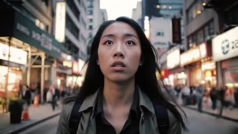 a young woman walks through a lively city, captivated by her surroundings as people rush by in a dynamic environment filled with lights and activity.