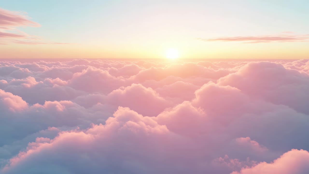 Aerial view of a serene sunrise above fluffy clouds, capturing a dreamy, ethereal atmosphere