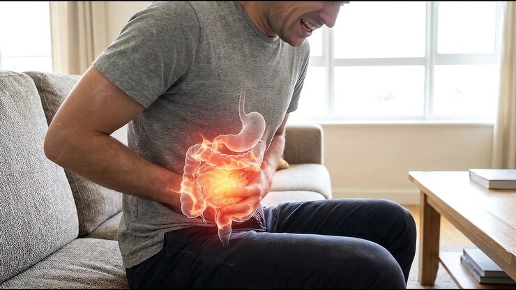 Man Suffering From Severe Abdominal Pain With Medical Illustration