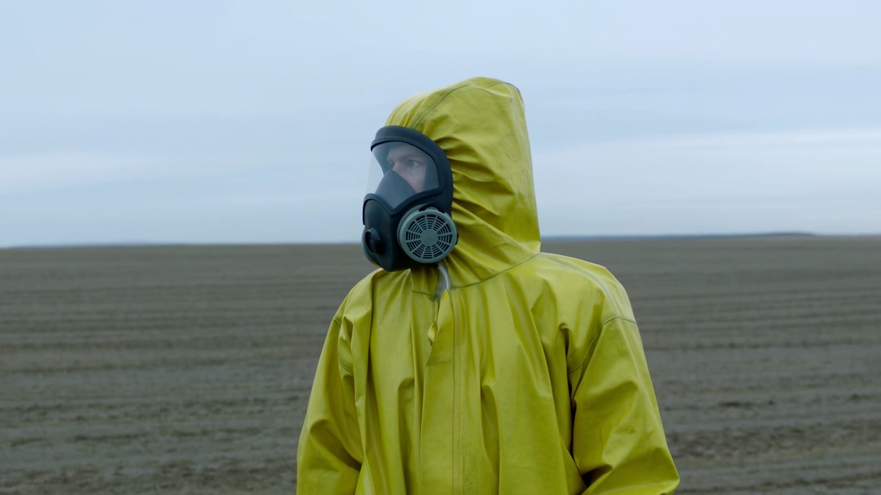A solitary figure wearing a yellow hazmat suit and full gas mask stands center foreground on a desolate flat dirt field. Diffused daylight from an overcast