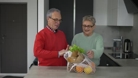 portrait of happy retired married couple coming home from shopping and unpacking bags with groceries in kitchen together