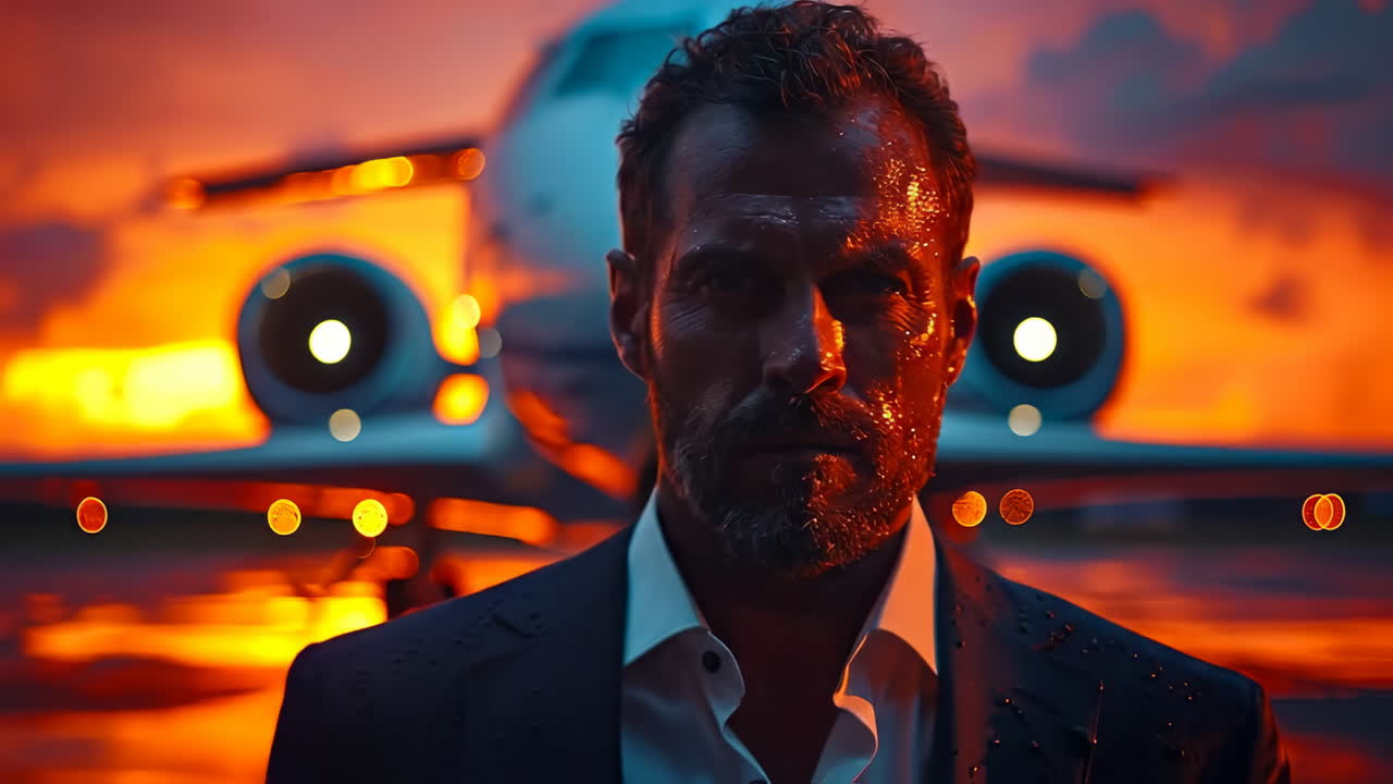 Man standing in front of private jet. A businessman stands confidently near a private jet during sunset