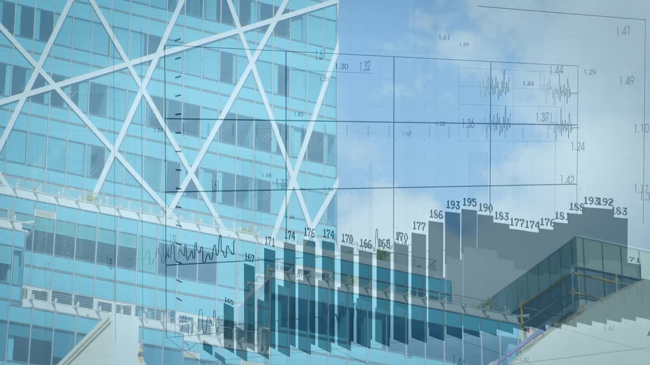 animación del procesamiento de datos financieros sobre el paisaje urbano