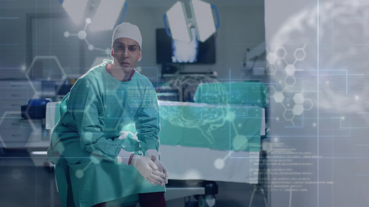 Animation of data processing with molecules and brains over caucasian male surgeon in hospital