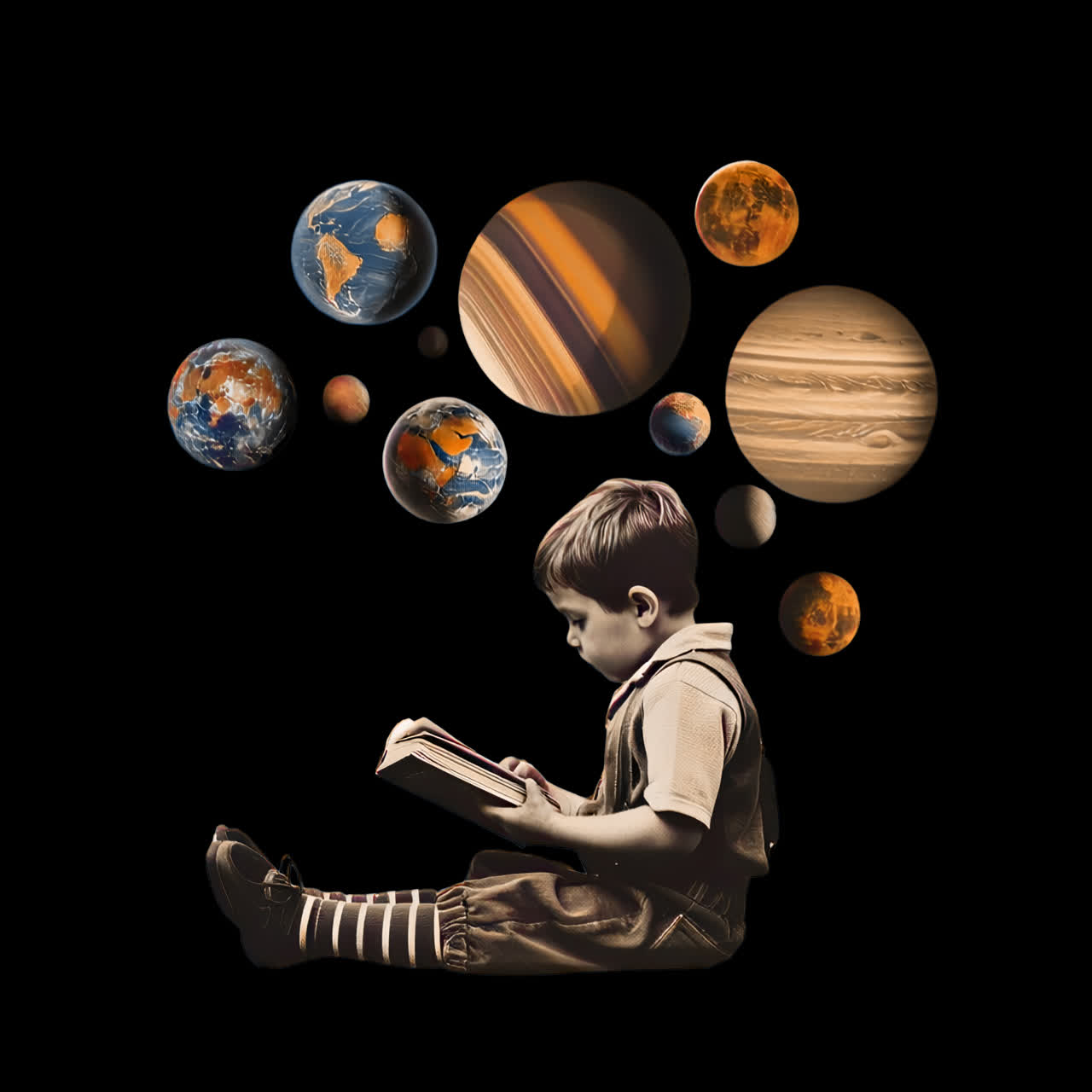 Little boy learning about planets animation isolated asset, transparent 4K video, alpha channel