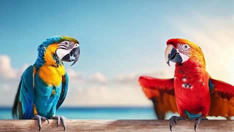 colorful macaws perched by the ocean