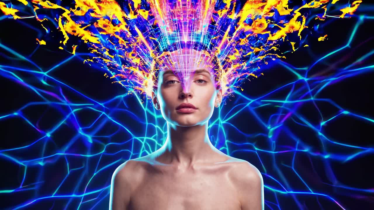 Energy visualization depicts a cybernetic transformation, flowing from a woman's head against a backdrop of interconnected lines, symbolizing neural networks or energy pathways
