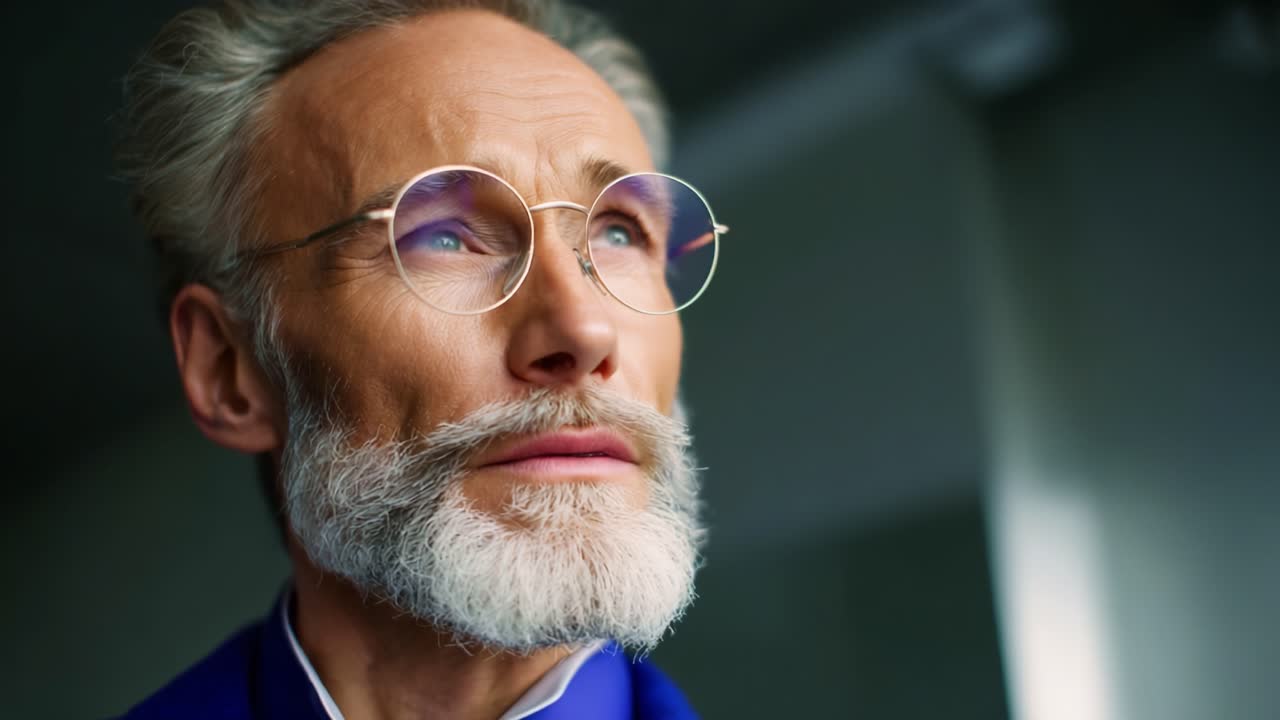 A contemplative older man with silver hair and glasses gazes thoughtfully into the distance, embodying wisdom and experience in a modern setting