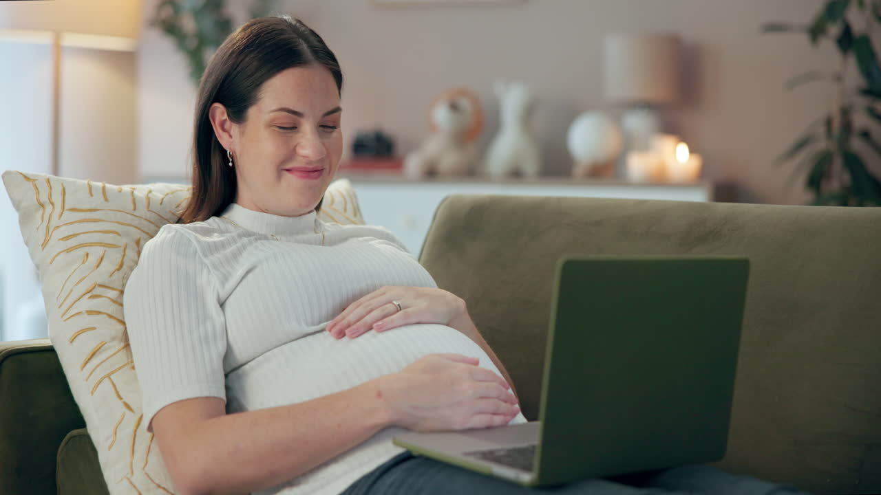 Pregnant woman using laptop at home