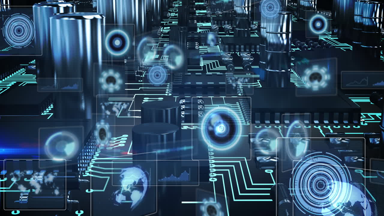 Animation of data processing with scope scanning over computer circuit board on black background